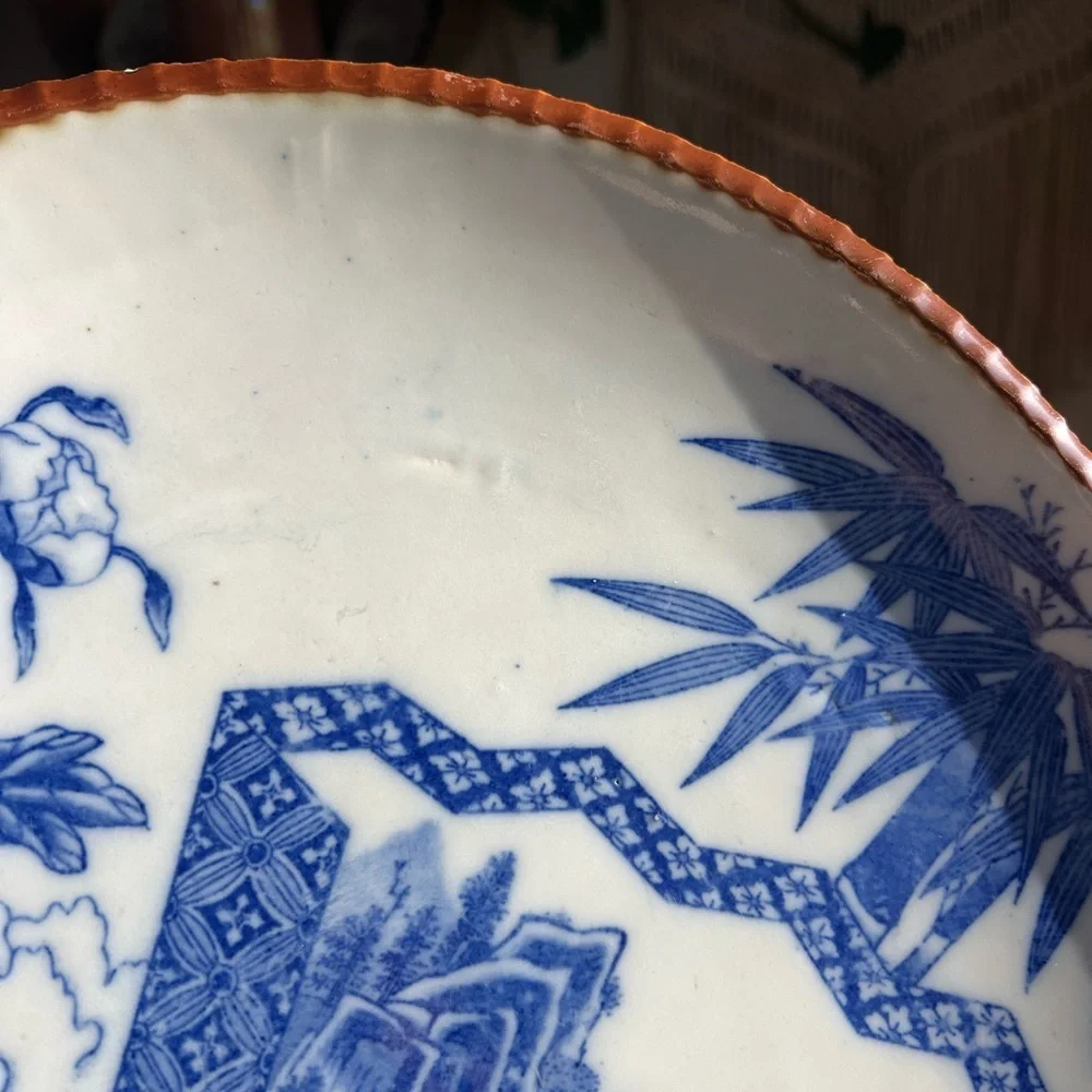 Antique Japanese Blue and White Igezara Porcelain Plate, Screen & Bamboo Design